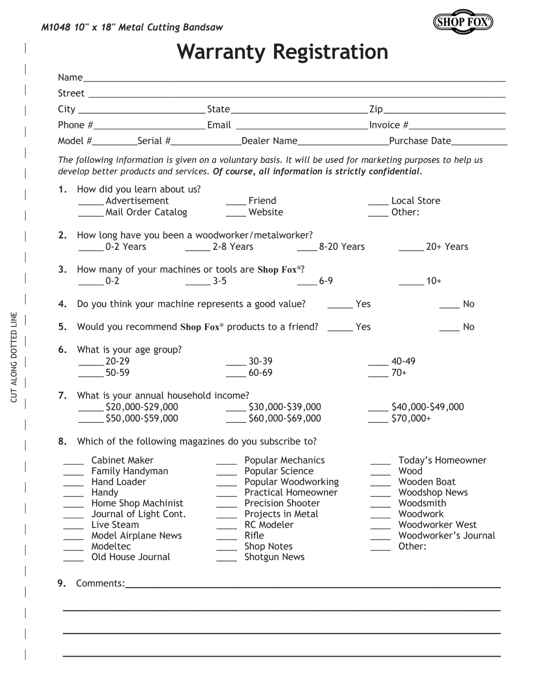 Woodstock M1054 owner manual Warranty Registration, Comments 