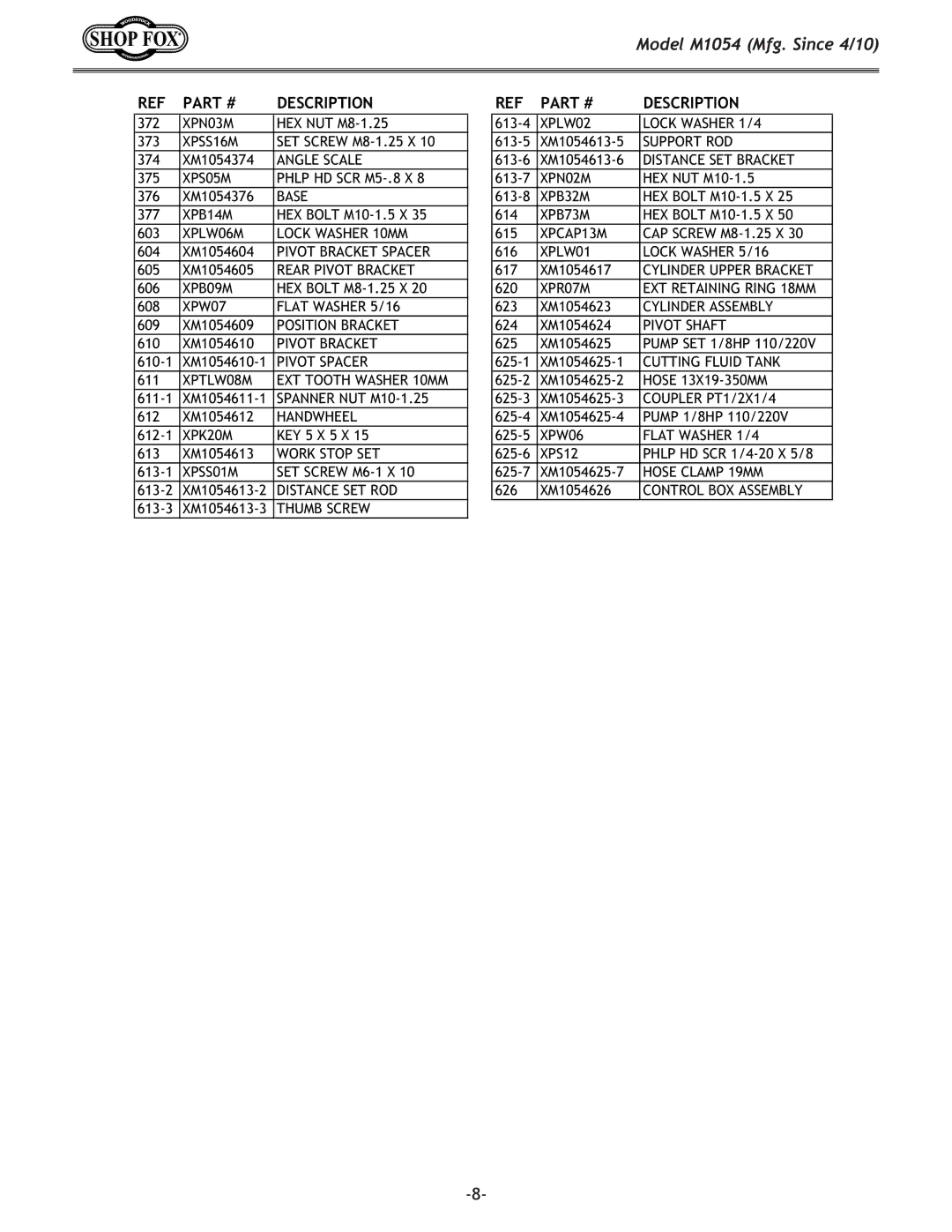 Woodstock M1054 owner manual XPN03M 