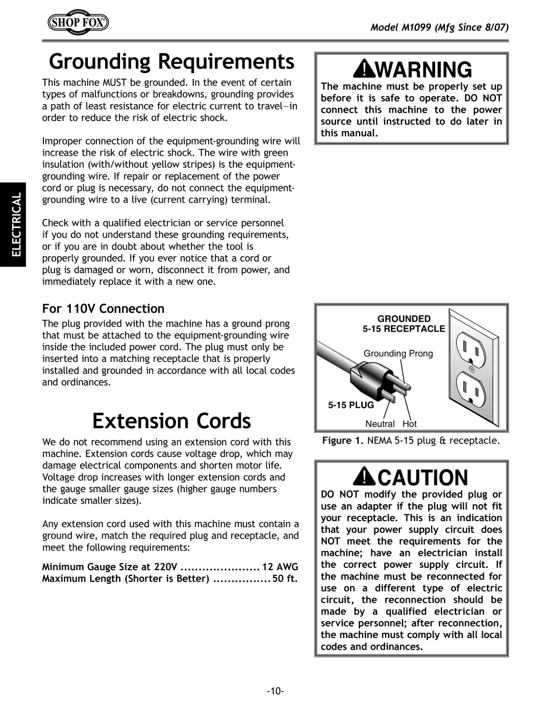 Woodstock M1099 manual Ifle`eI\hl`i\d\ekj, Ok\ej`fefij, =`li\  1 % Nema 5-15 plug & receptacle 