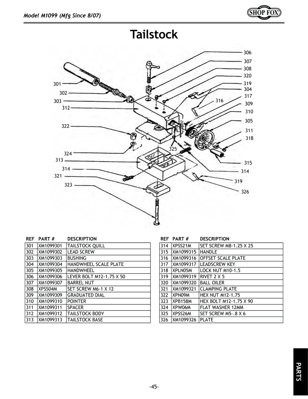 Woodstock M1099 manual Tailstock 