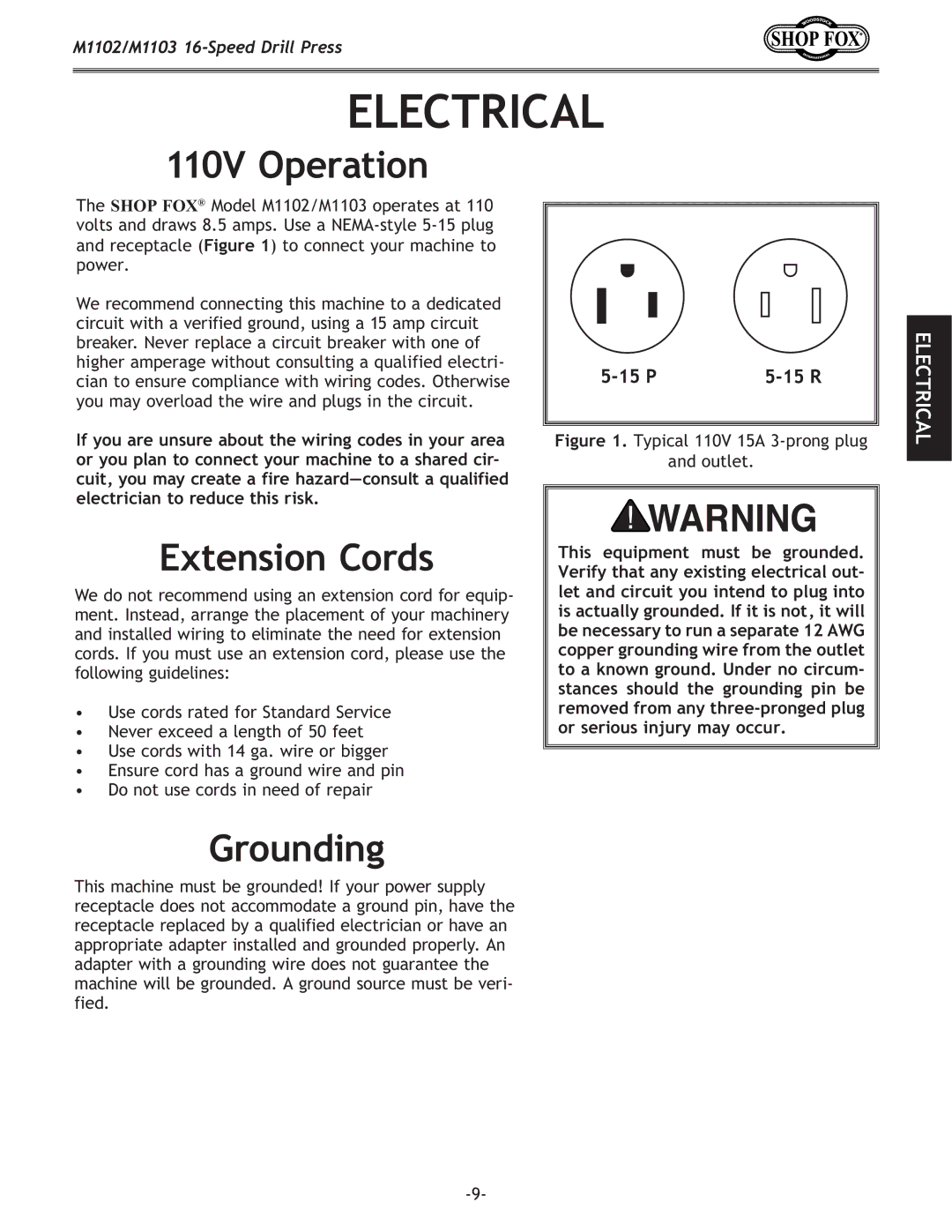 Woodstock M1102, M1103 owner manual Electrical, 110V Operation, Extension Cords, Grounding 