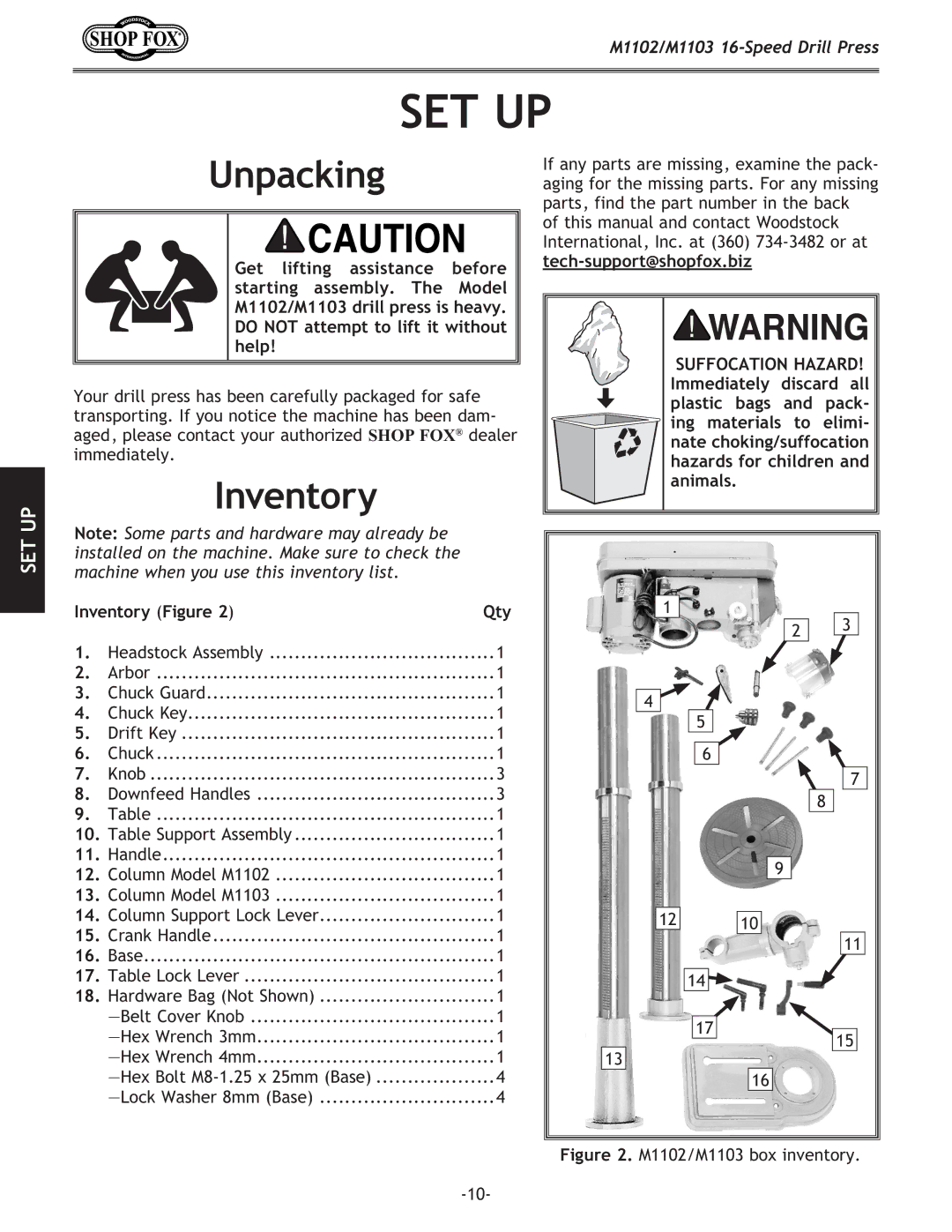 Woodstock M1103, M1102 owner manual Set Up, Unpacking, Inventory 