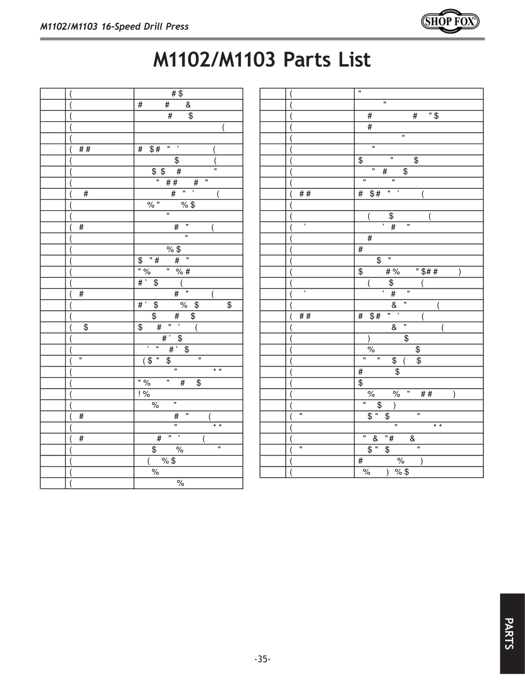 Woodstock owner manual M1102/M1103 Parts List, PART# Description 