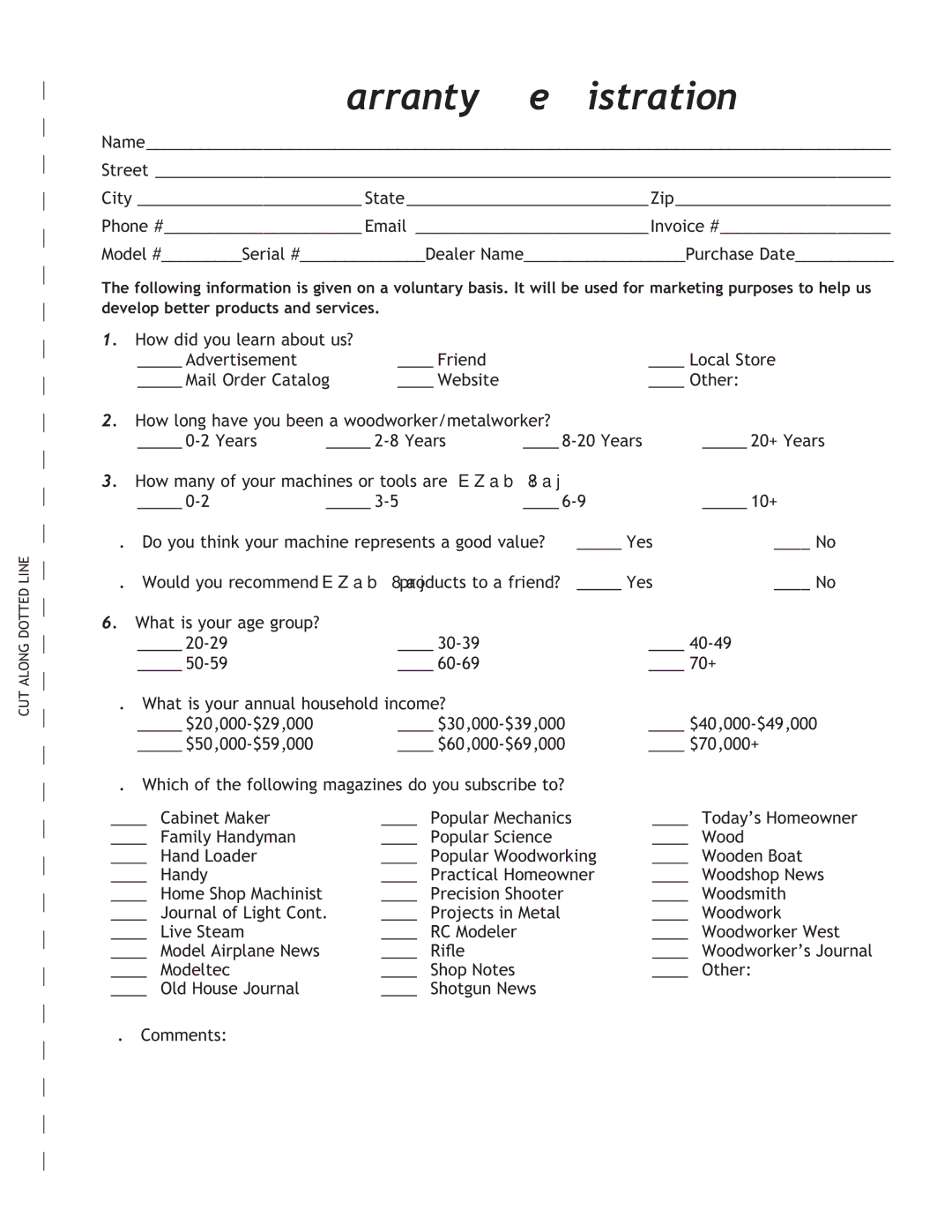 Woodstock M1103, M1102 owner manual Warranty Registration, Comments 