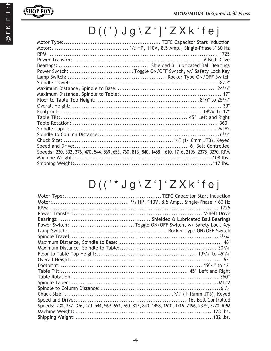 Woodstock owner manual M1102 Specifications, M1103 Specifications 