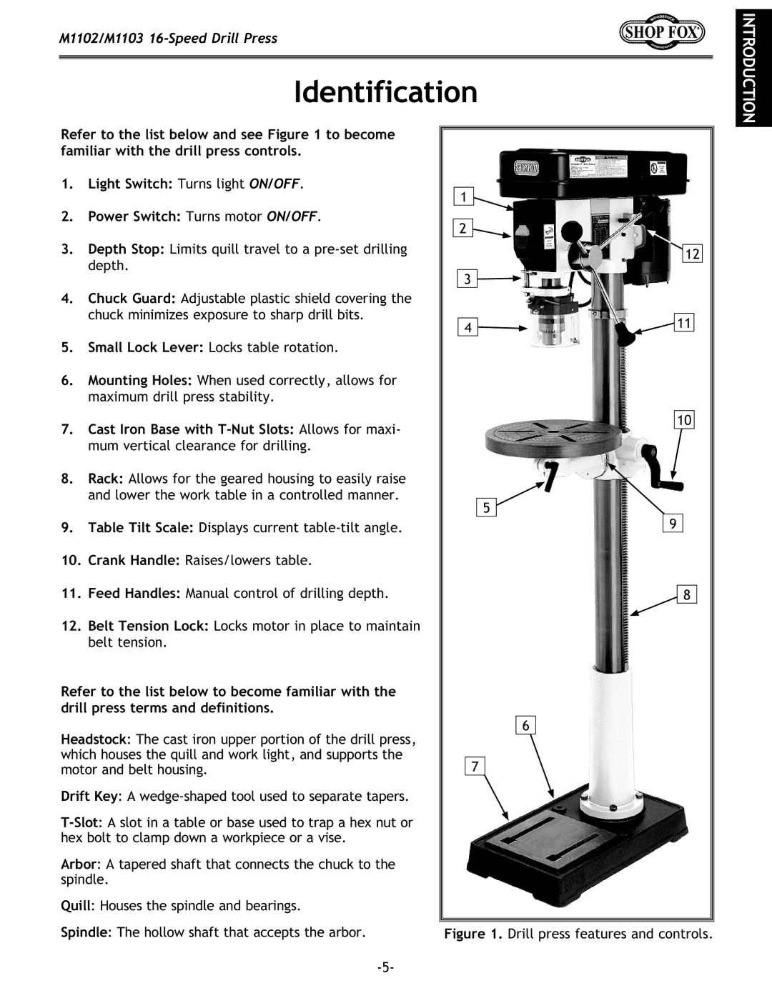 Woodstock M1102, M1103 owner manual Identification, Cast Iron Base with T-Nut Slots Allows for maxi 