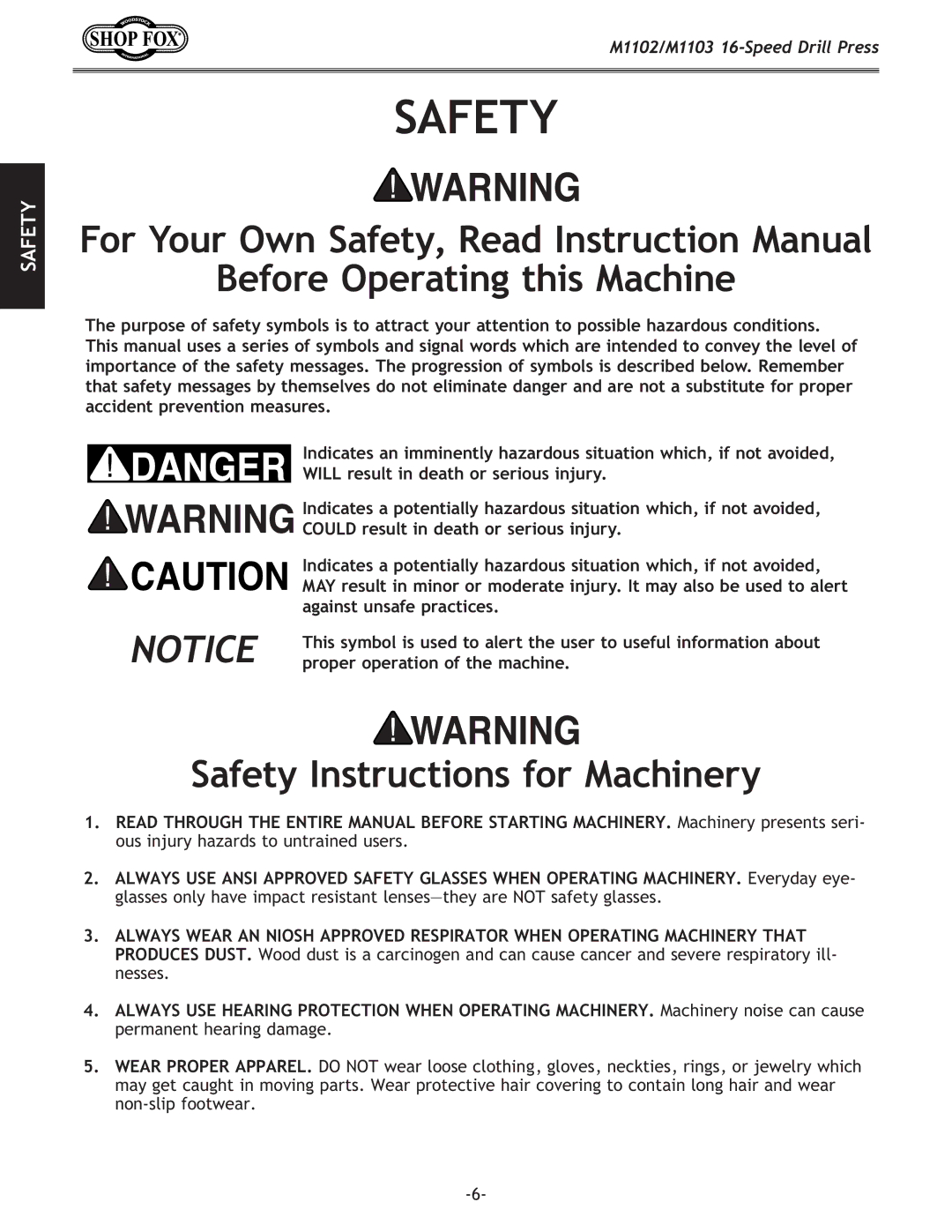 Woodstock M1103, M1102 owner manual Before Operating this Machine, Safety Instructions for Machinery 