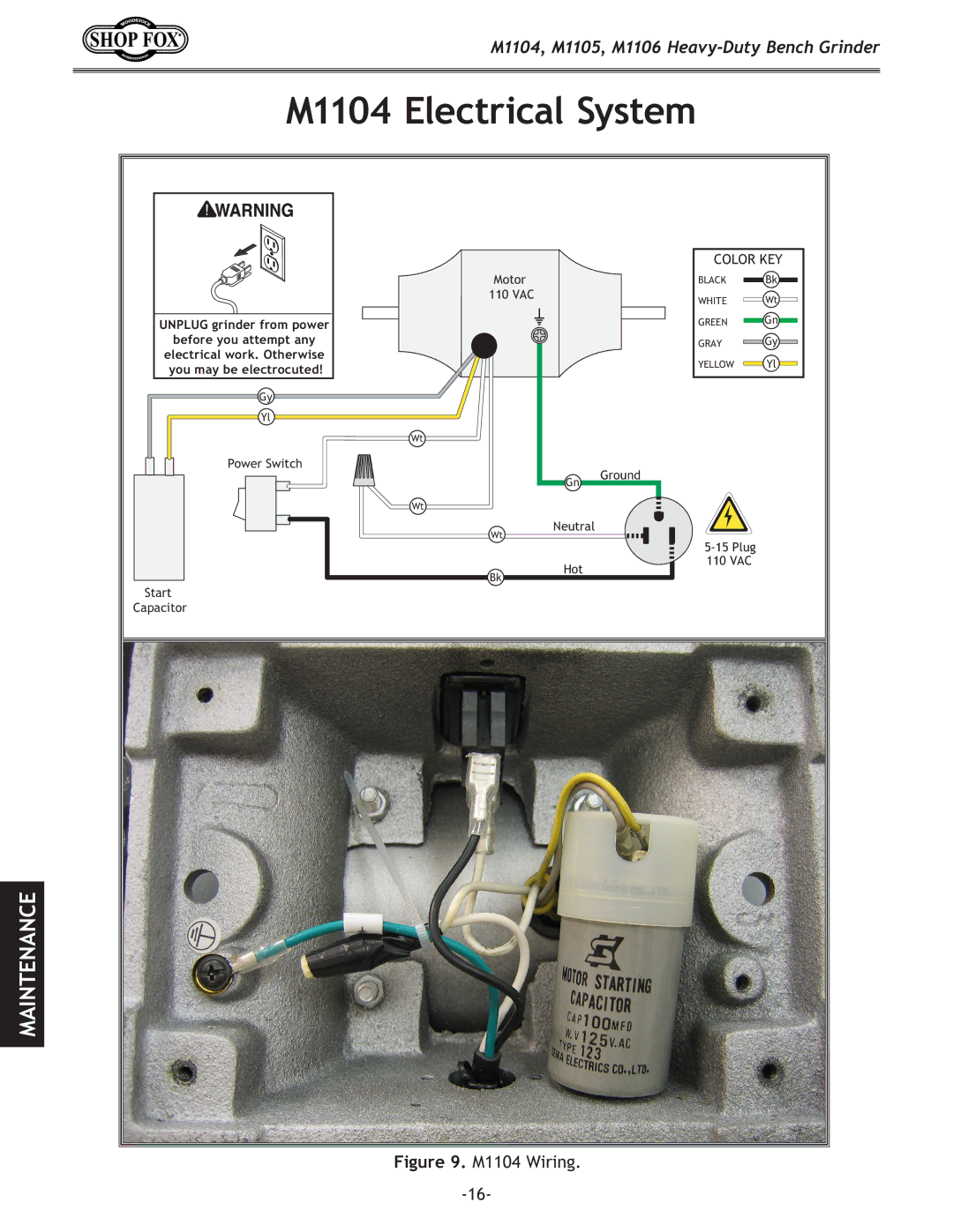 Woodstock M1106, M1105 owner manual M1104 Electrical System, M1104 Wiring 