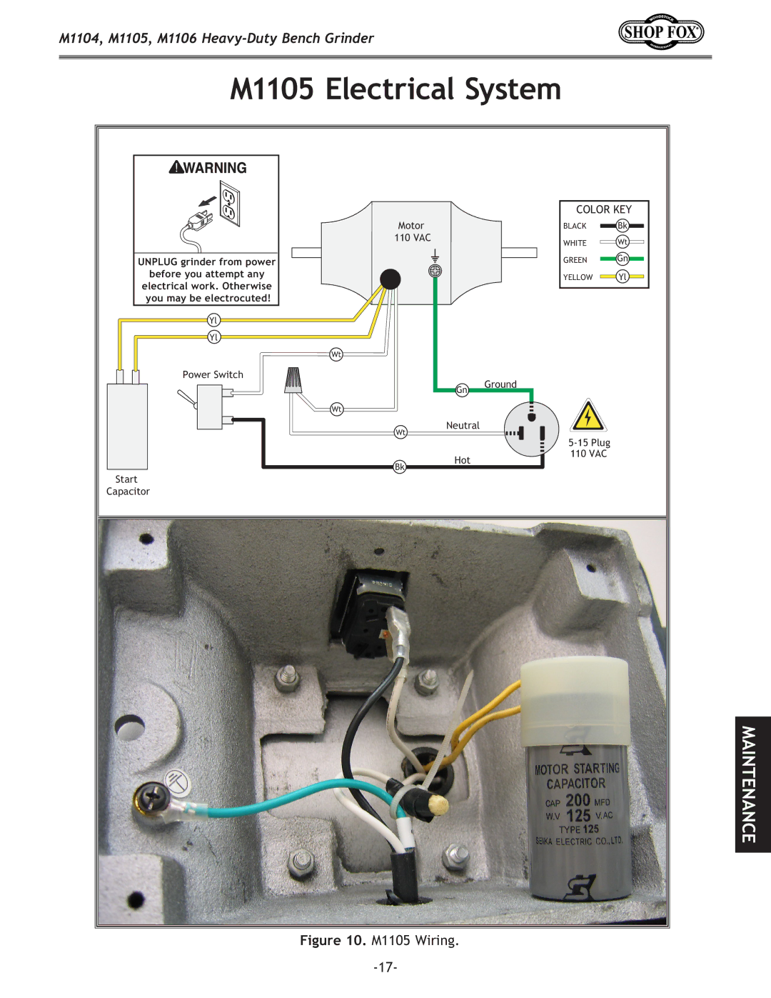 Woodstock M1104, M1106 owner manual M1105 Electrical System, M1105 Wiring 