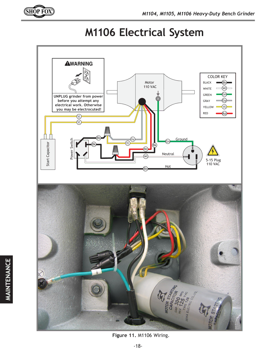 Woodstock M1105, M1104 owner manual M1106 Electrical System, M1106 Wiring 