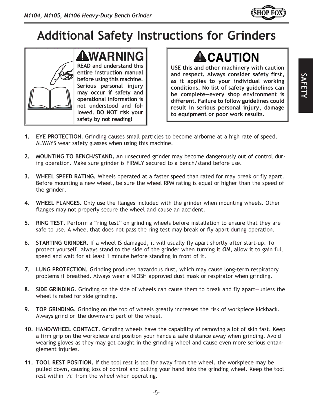 Woodstock M1104, M1106, M1105 owner manual Additional Safety Instructions for Grinders 