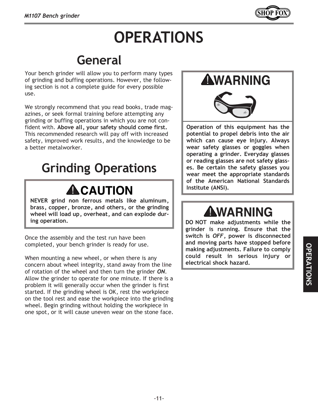 Woodstock M1107 owner manual General, Grinding Operations 