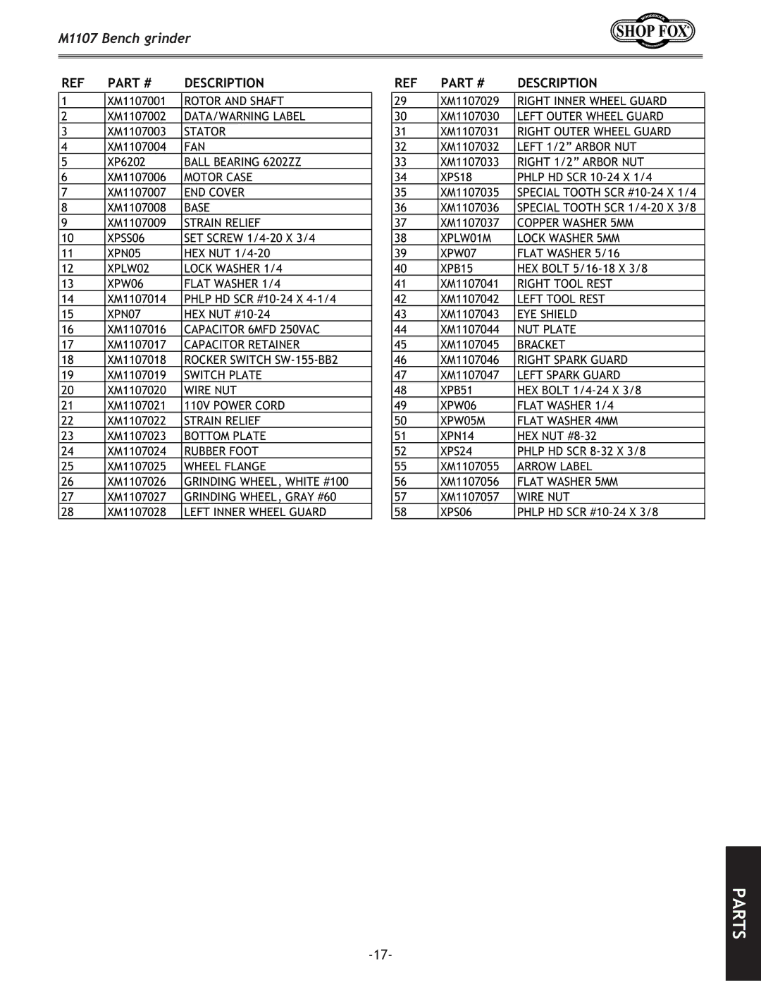 Woodstock M1107 owner manual Parts 