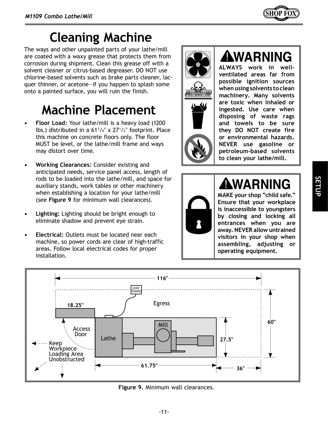 Woodstock M1109 owner manual Cleaning Machine, Machine Placement 