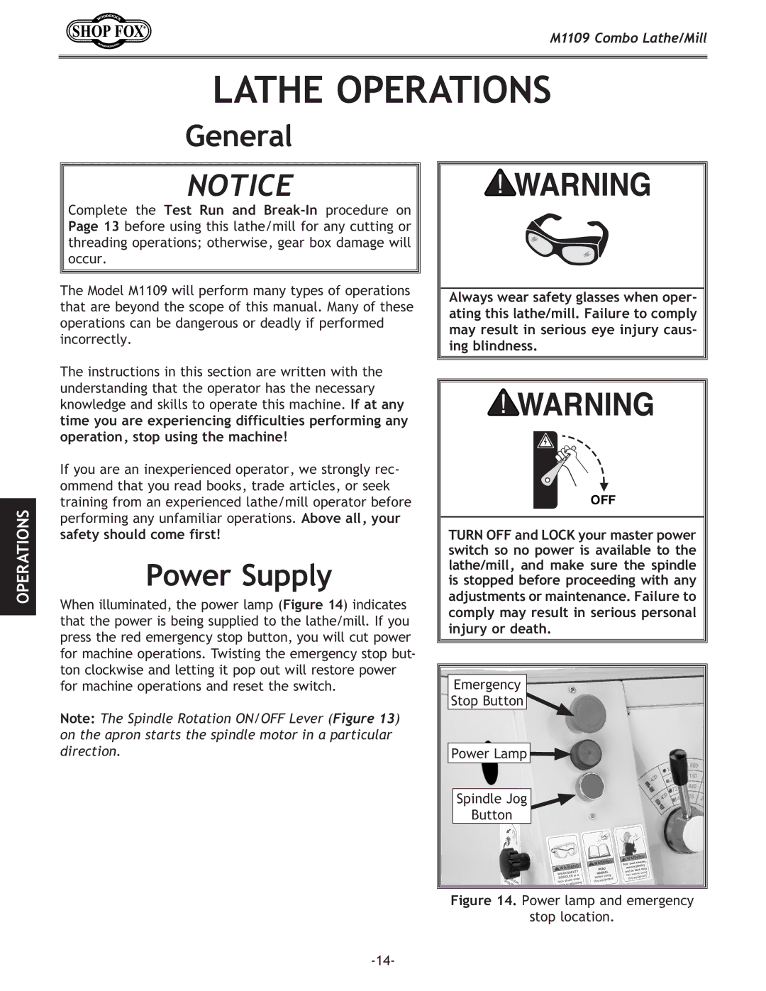 Woodstock M1109 owner manual Lathe Operations, General, Power Supply 