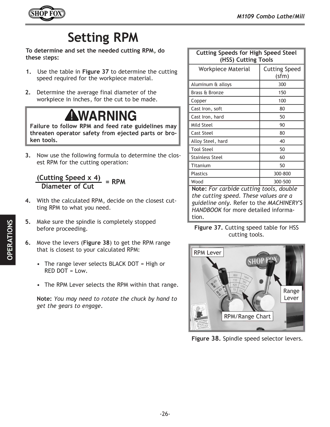 Woodstock M1109 owner manual Setting RPM, To determine and set the needed cutting RPM, do these steps 