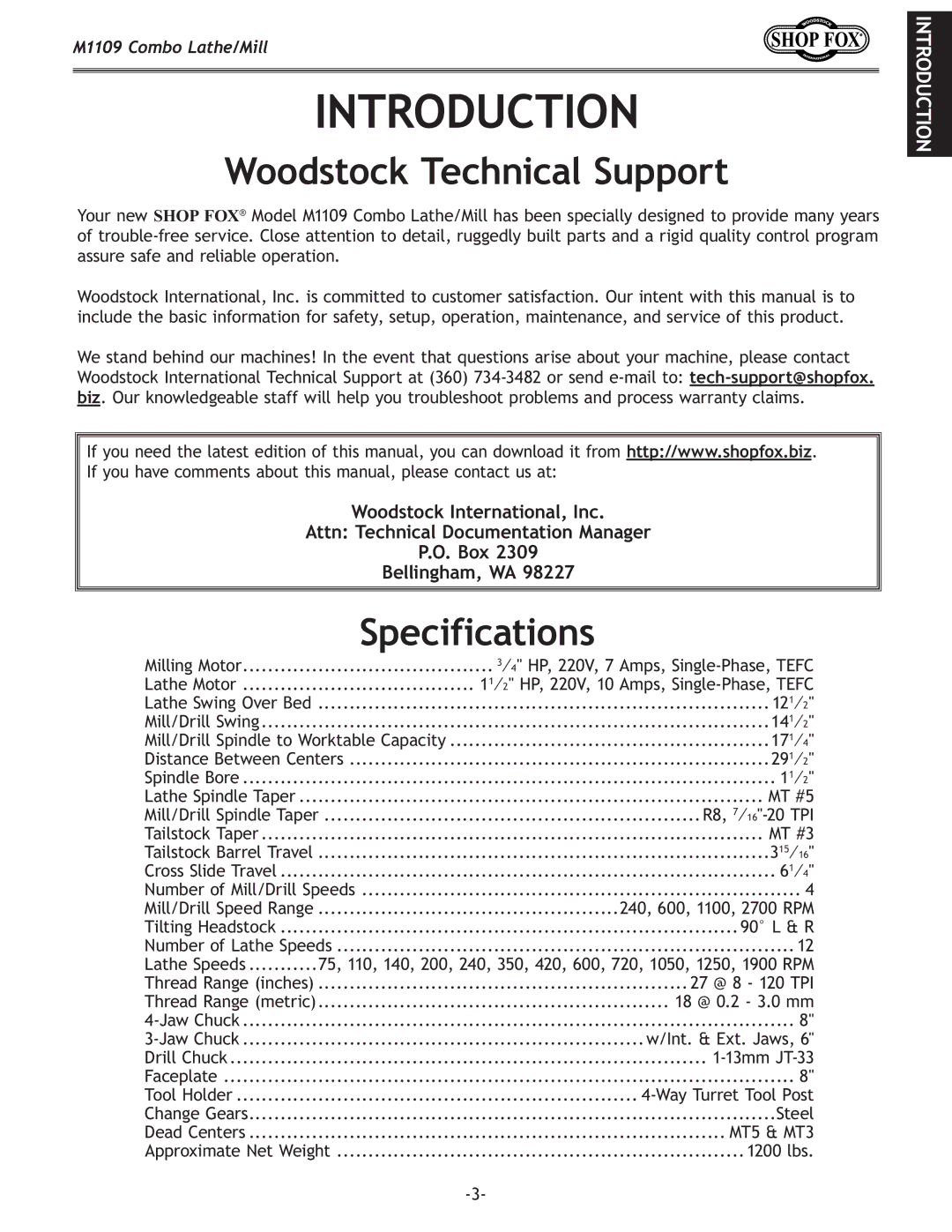 Woodstock M1109 owner manual Introduction, Woodstock Technical Support, Specifications 