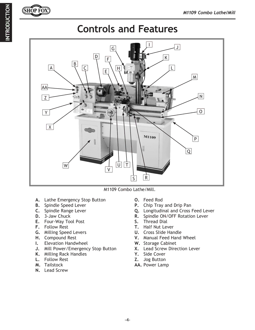 Woodstock M1109 owner manual Controls and Features 