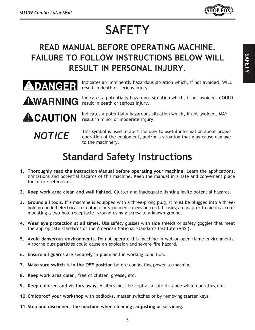 Woodstock M1109 owner manual Standard Safety Instructions 