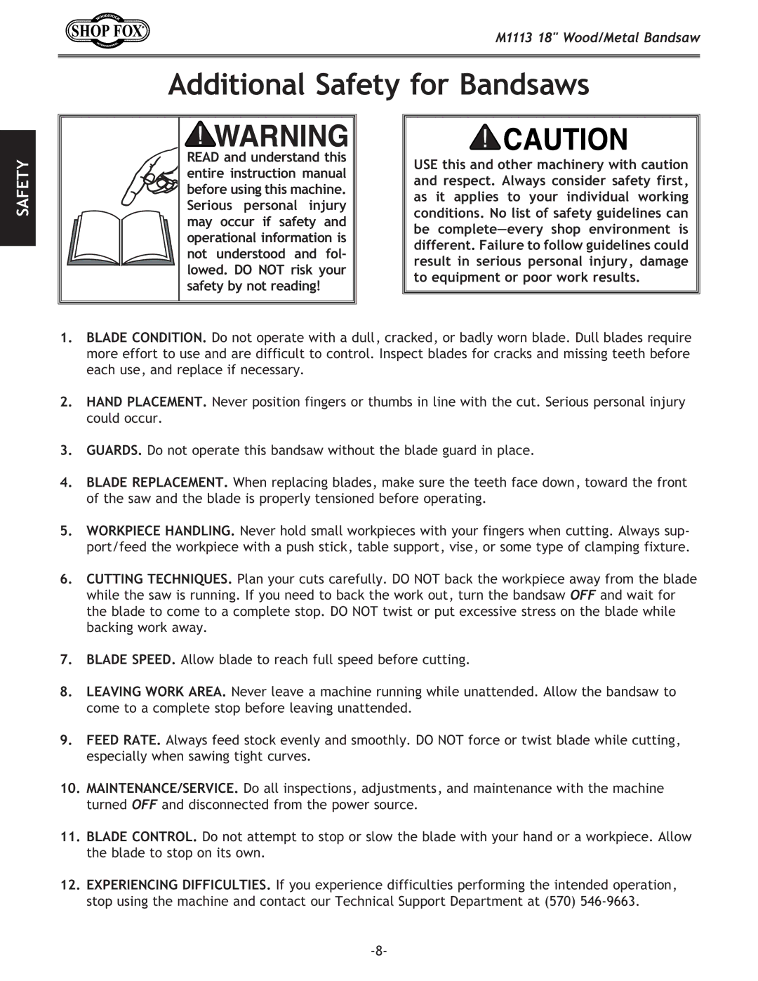 Woodstock M1113 owner manual Additional Safety for Bandsaws 