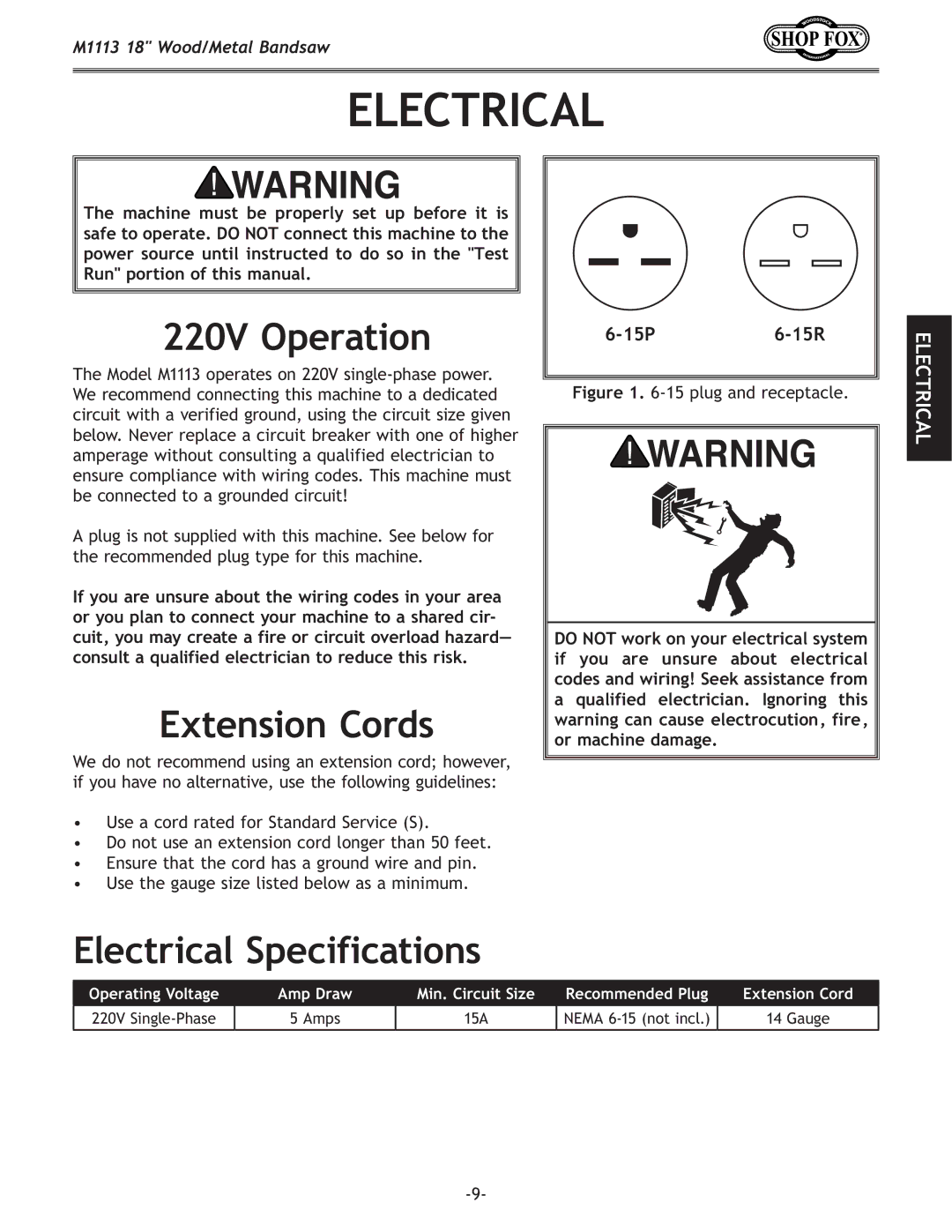 Woodstock M1113 owner manual 220V Operation, Extension Cords, Electrical Specifications 