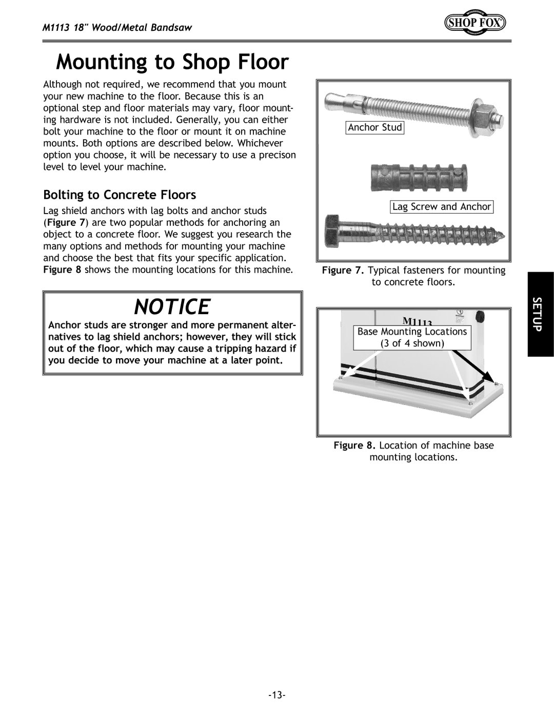 Woodstock M1113 owner manual Mounting to Shop Floor, Bolting to Concrete Floors 