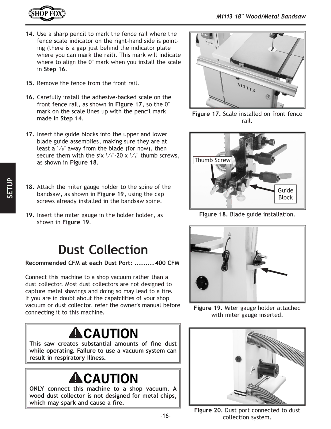 Woodstock M1113 owner manual Dust Collection, Recommended CFM at each Dust Port 