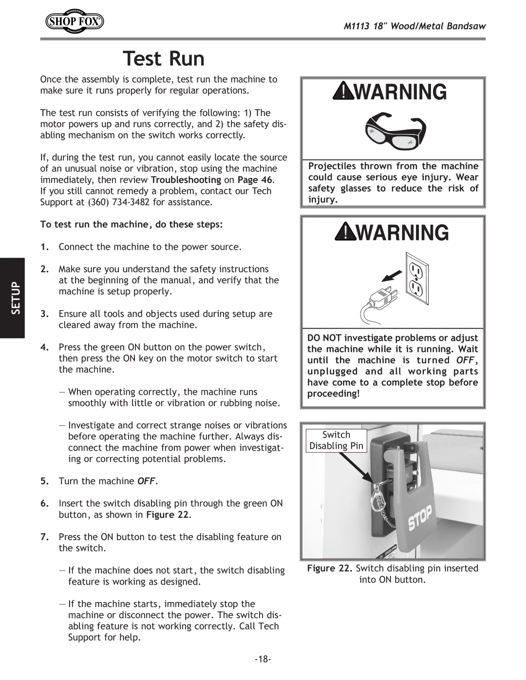 Woodstock M1113 owner manual Test Run, To test run the machine, do these steps 