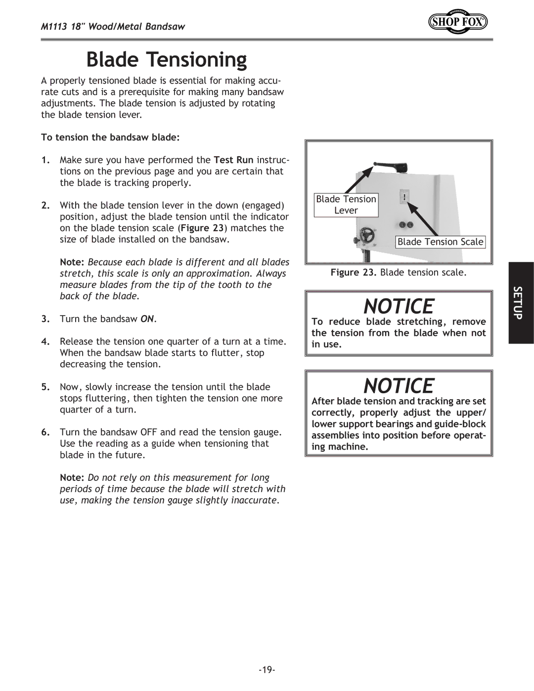 Woodstock M1113 owner manual Blade Tensioning, To tension the bandsaw blade 