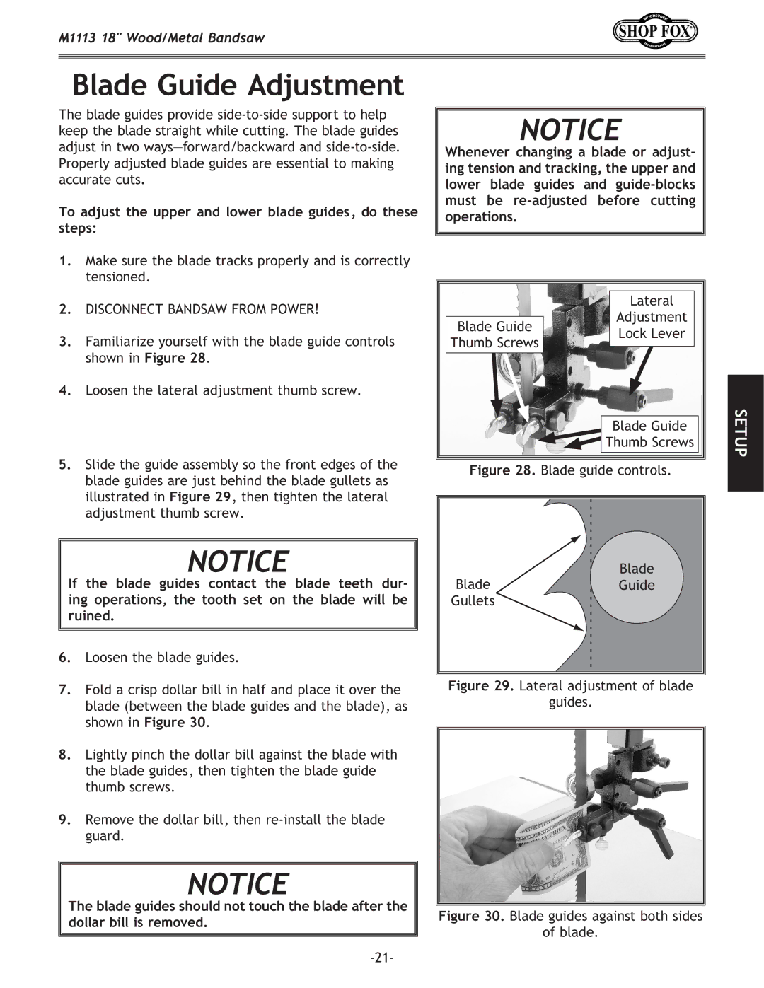 Woodstock M1113 owner manual Blade Guide Adjustment, To adjust the upper and lower blade guides, do these steps 