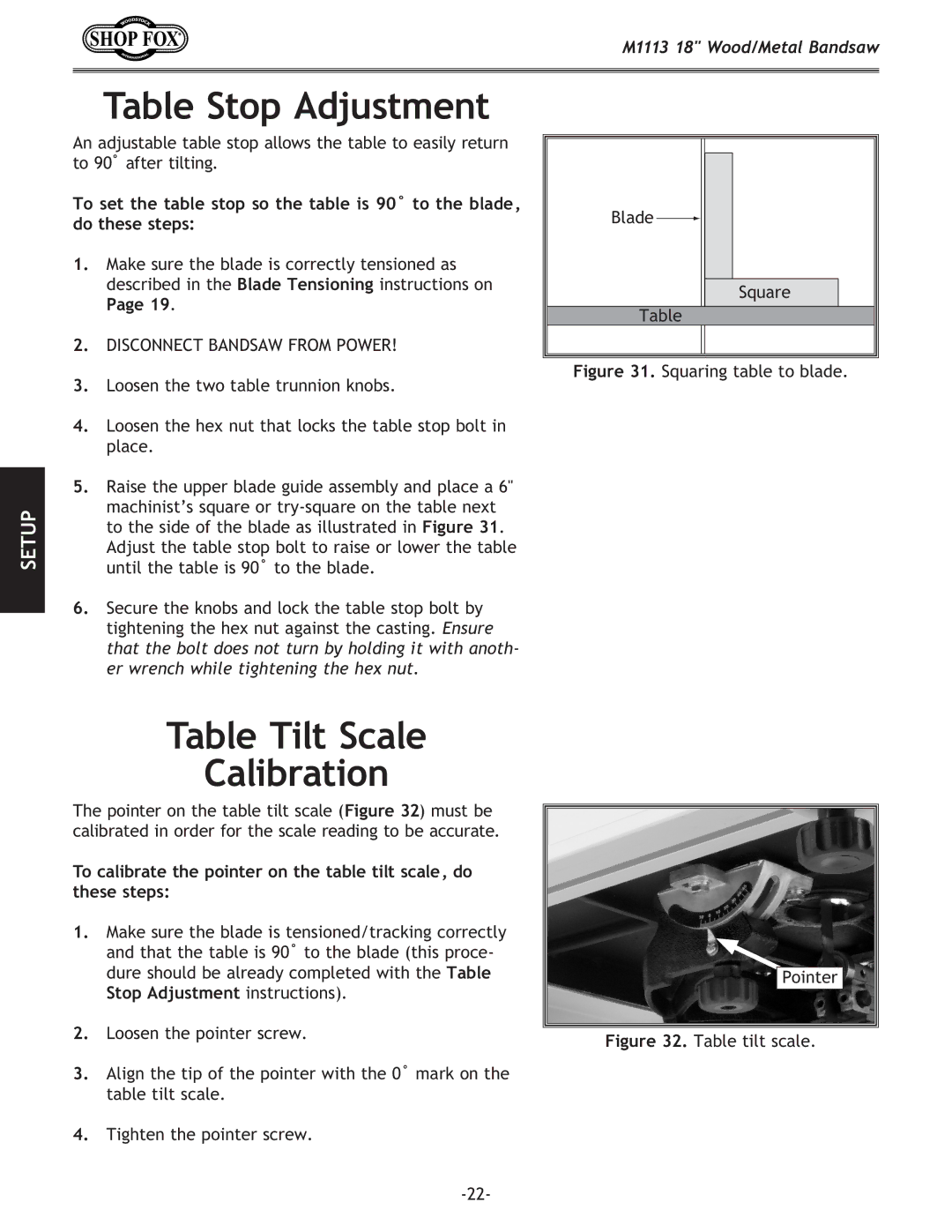 Woodstock M1113 owner manual Table Stop Adjustment, Table Tilt Scale Calibration 