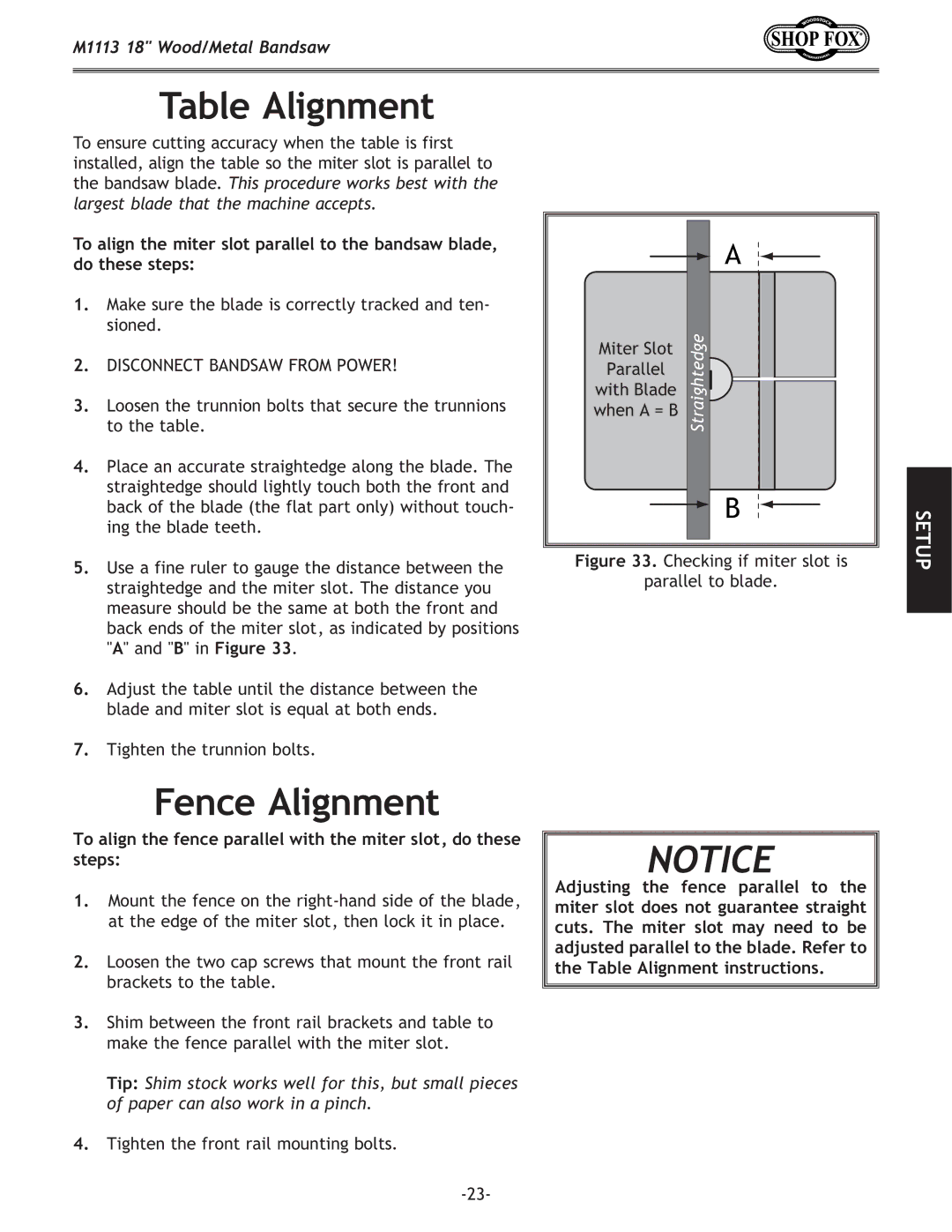 Woodstock M1113 owner manual Table Alignment, Fence Alignment 