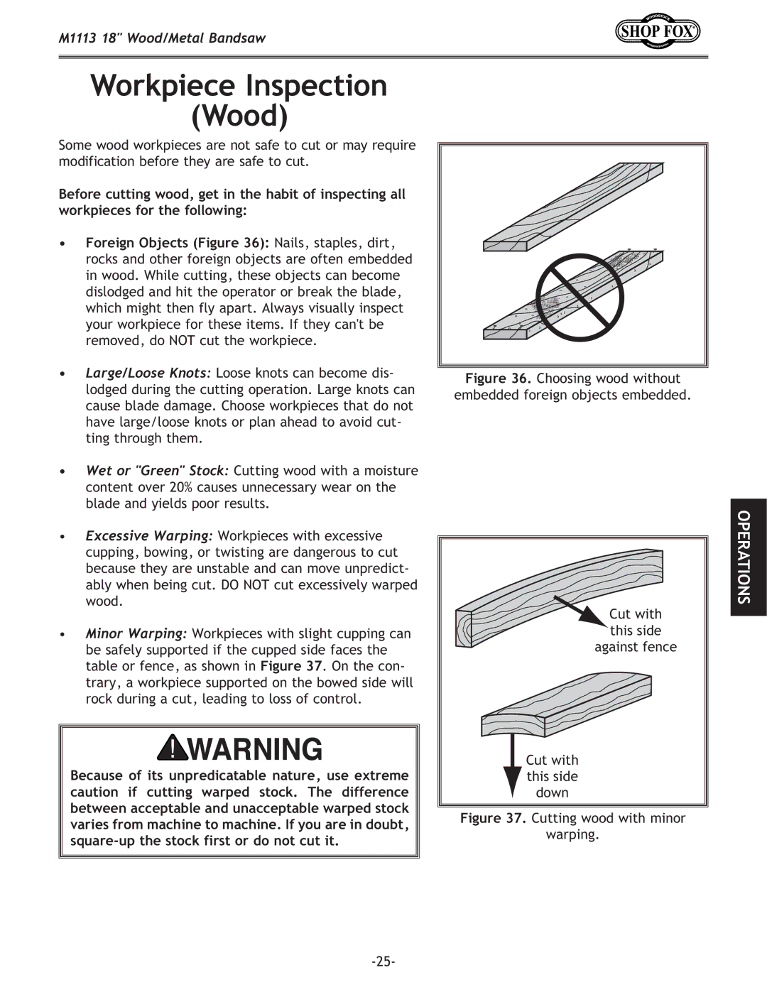 Woodstock M1113 owner manual Workpiece Inspection Wood, Choosing wood without embedded foreign objects embedded 