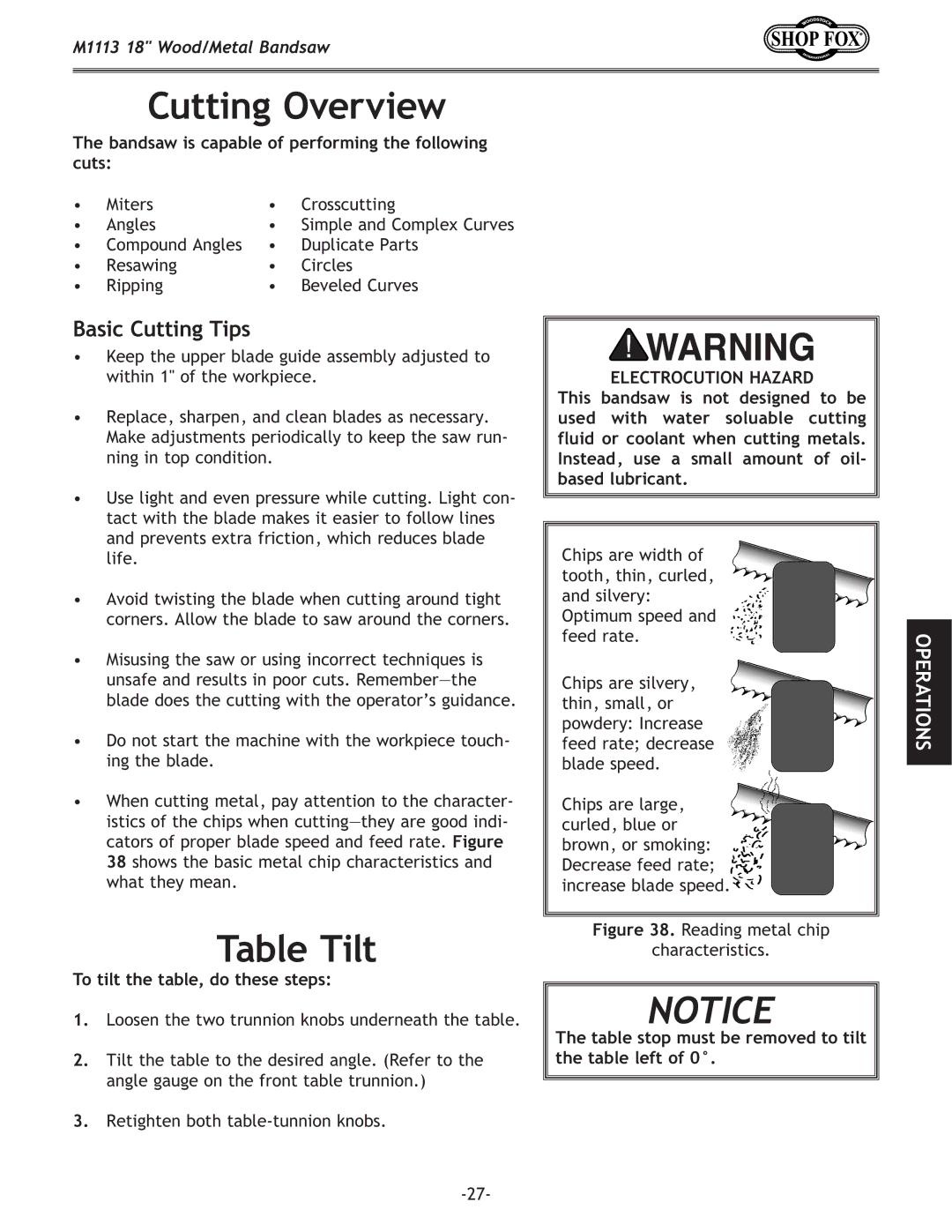 Woodstock M1113 owner manual Cutting Overview, Table Tilt, Basic Cutting Tips 