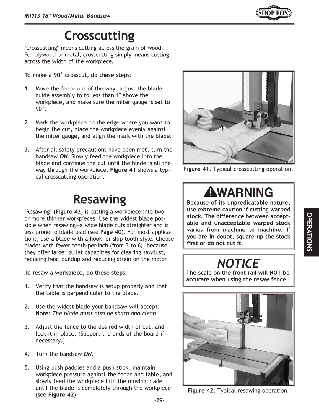 Woodstock M1113 Crosscutting, Resawing, To make a 90˚ crosscut, do these steps, To resaw a workpiece, do these steps 