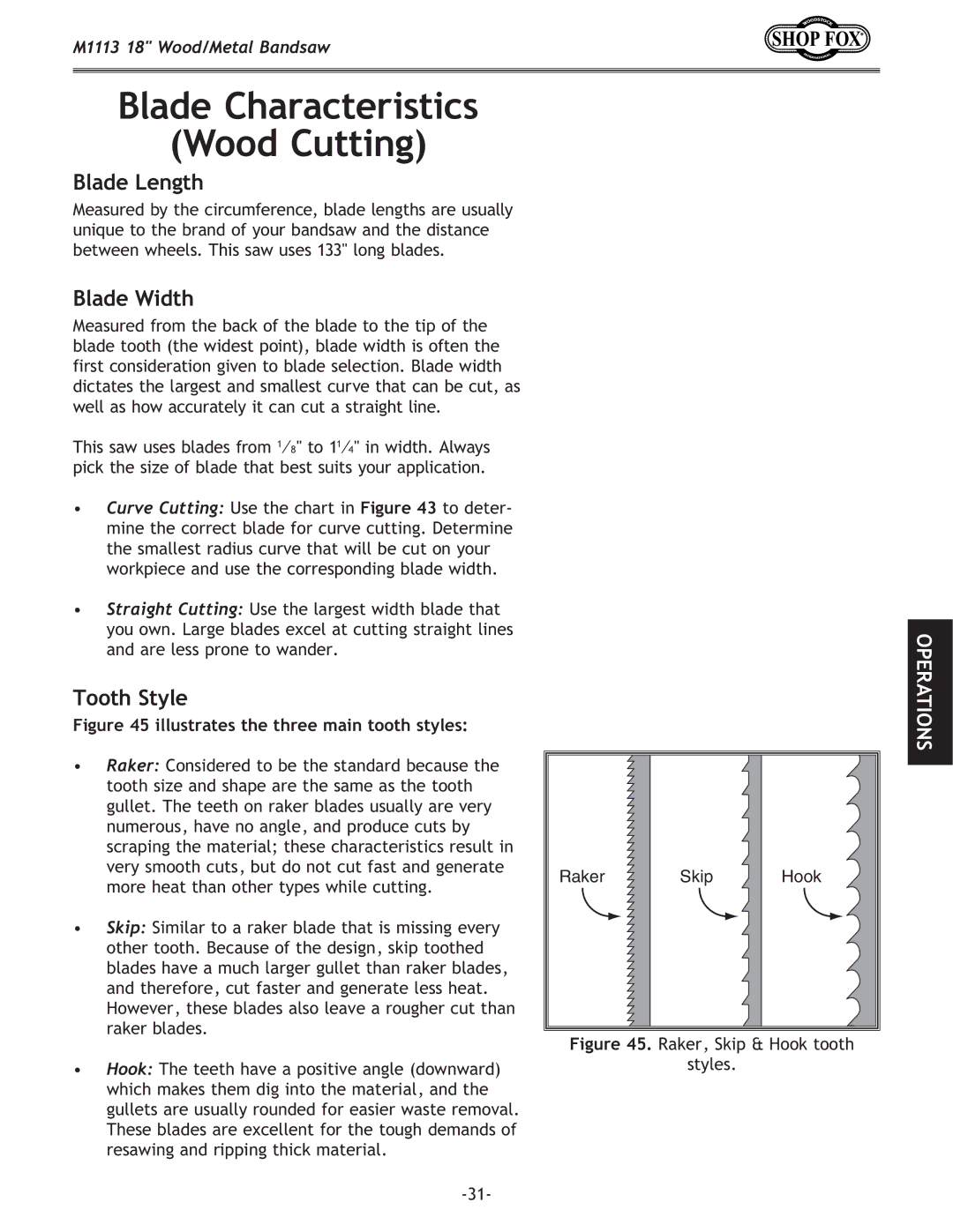 Woodstock M1113 owner manual Blade Characteristics Wood Cutting, Blade Length, Blade Width, Tooth Style 