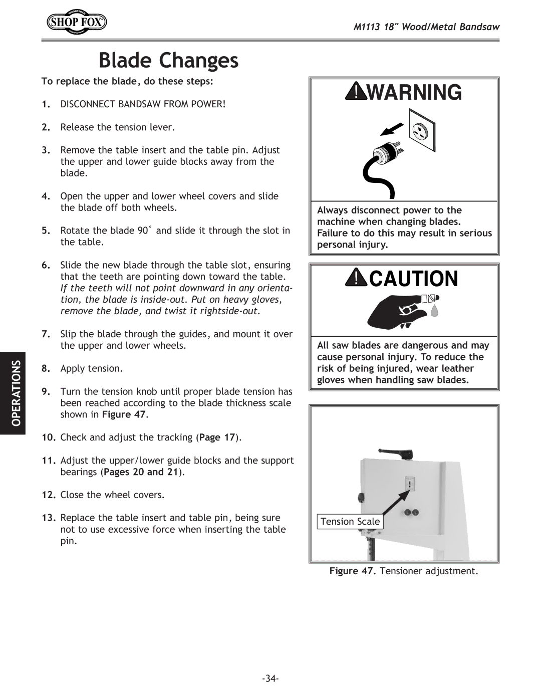 Woodstock M1113 owner manual Blade Changes, To replace the blade, do these steps 