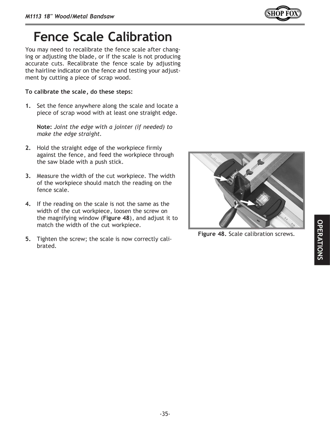 Woodstock M1113 owner manual Fence Scale Calibration, To calibrate the scale, do these steps 