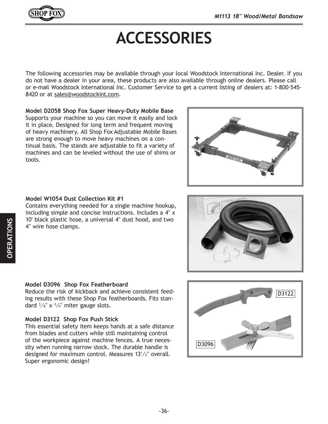 Woodstock M1113 owner manual Accessories, Model D3096 Shop Fox Featherboard, Model D3122 Shop Fox Push Stick 