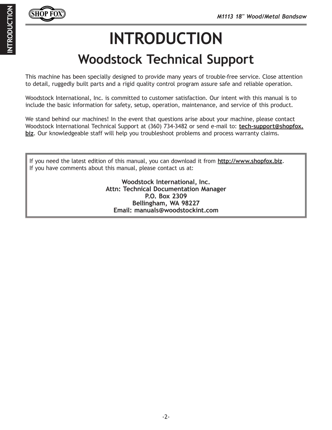 Woodstock M1113 owner manual Introduction, Woodstock Technical Support 