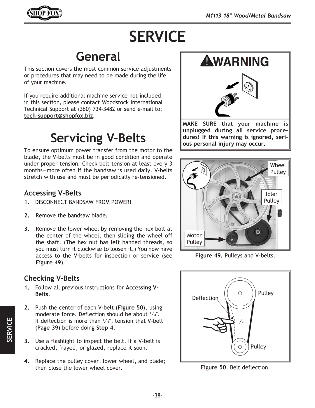 Woodstock M1113 owner manual Service, Servicing V-Belts, Accessing V-Belts, Checking V-Belts 