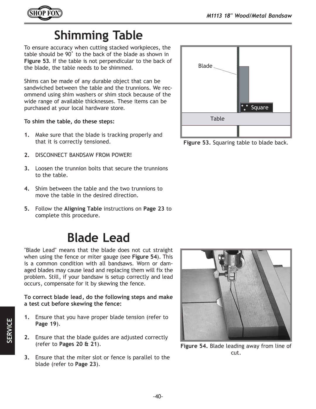 Woodstock M1113 owner manual Shimming Table, Blade Lead, To shim the table, do these steps 