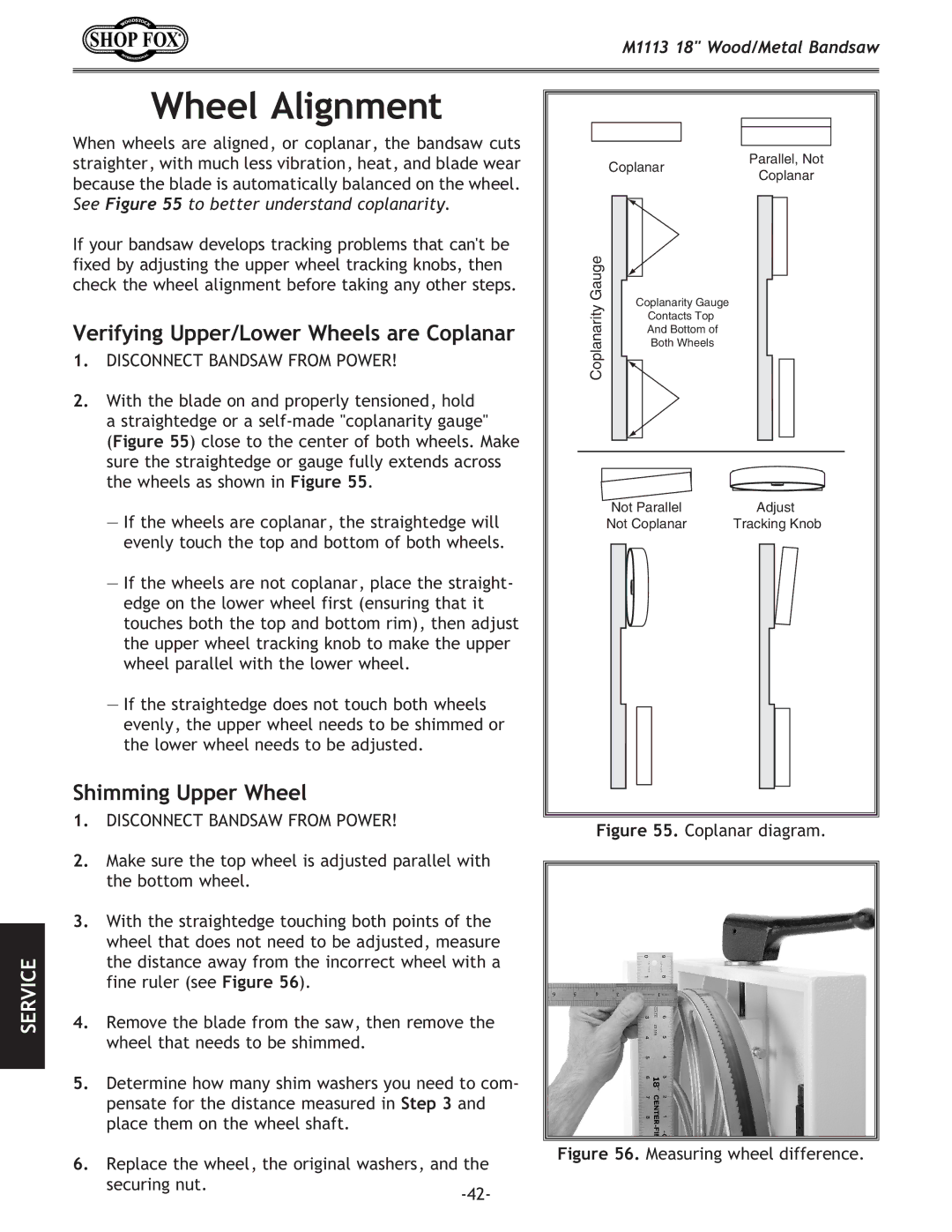 Woodstock M1113 owner manual Wheel Alignment, Verifying Upper/Lower Wheels are Coplanar, Shimming Upper Wheel 