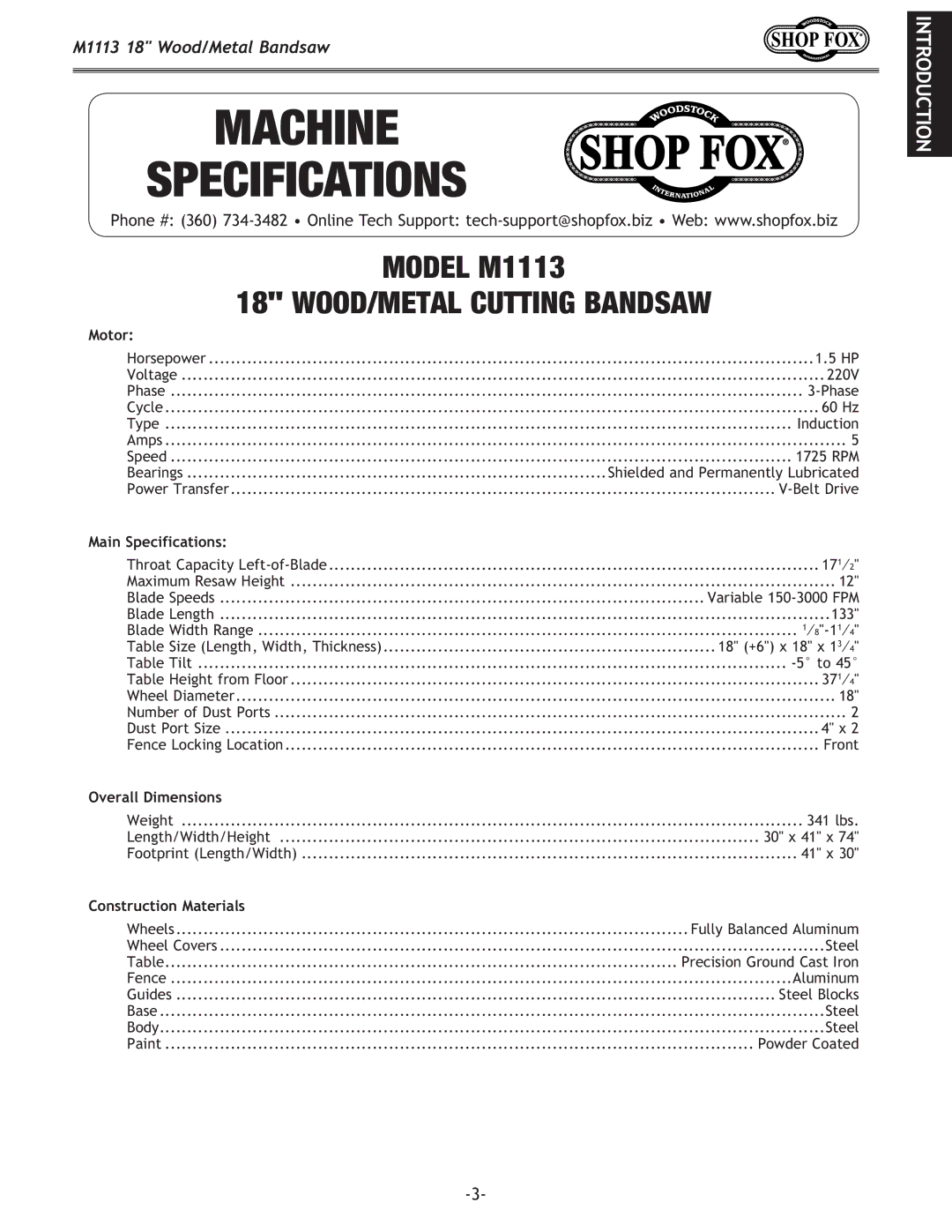 Woodstock M1113 owner manual Introduction 