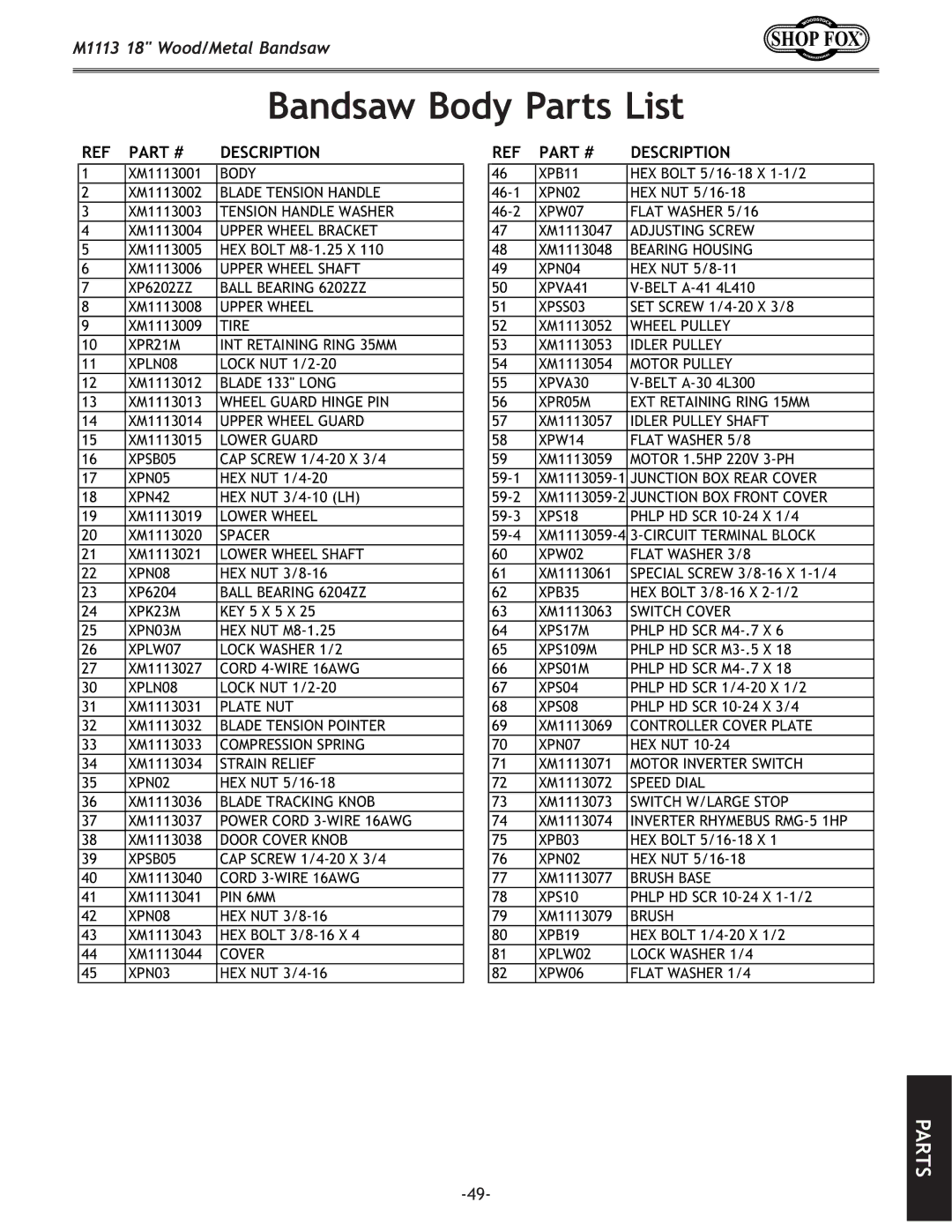 Woodstock M1113 owner manual Bandsaw Body Parts List, PART# Description 