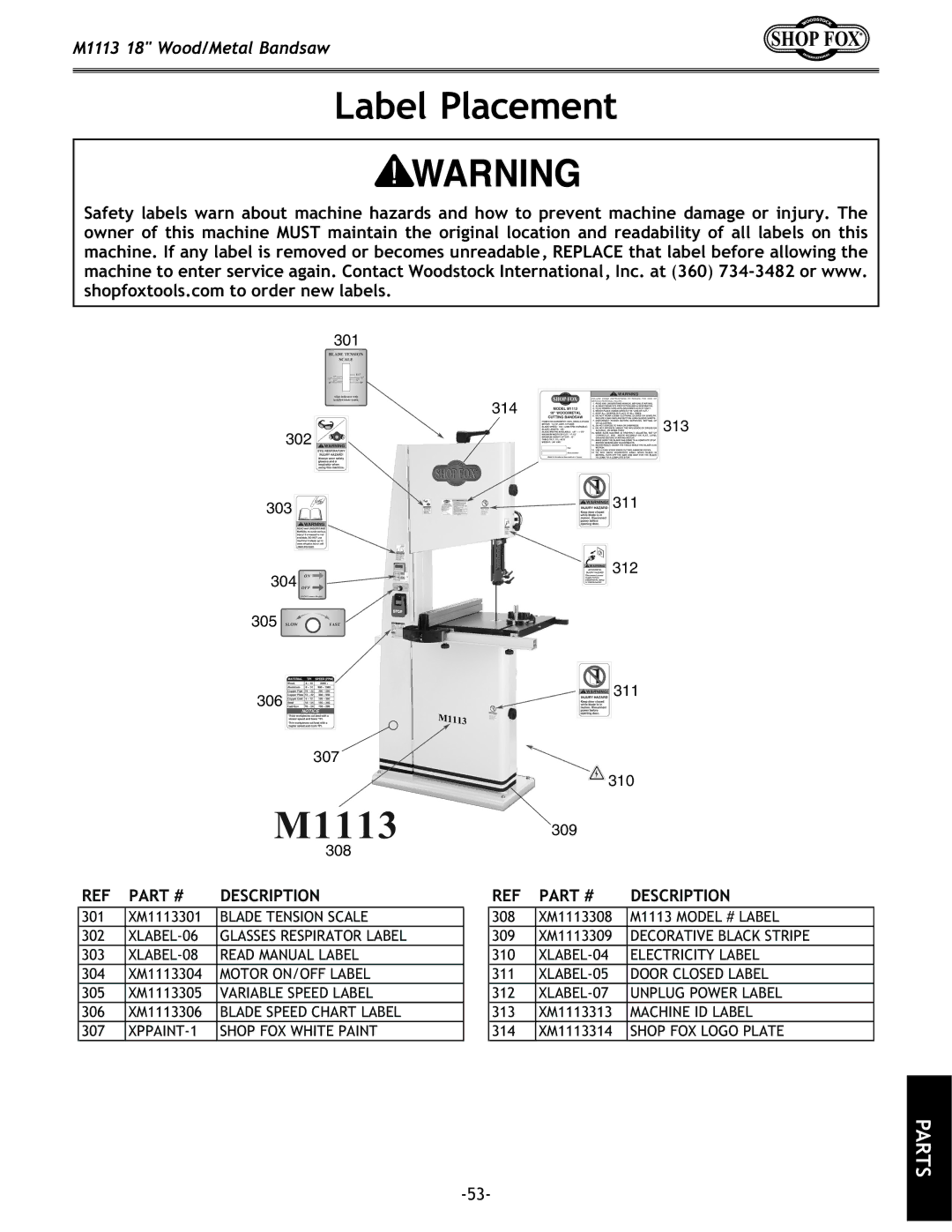 Woodstock M1113 owner manual Label Placement 