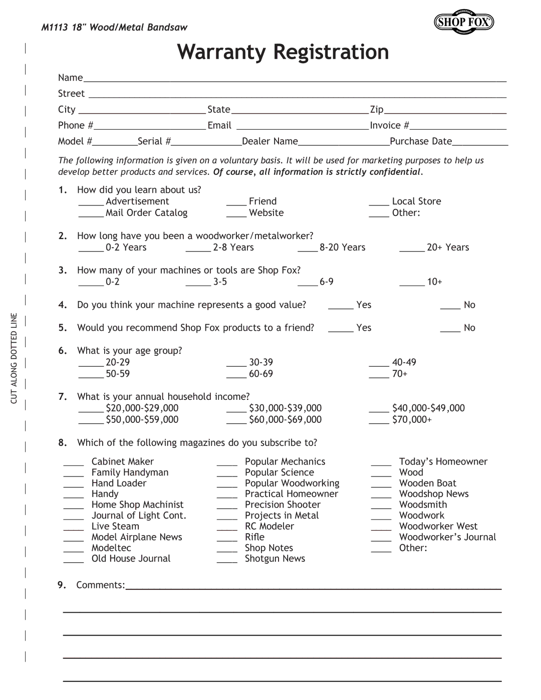 Woodstock M1113 owner manual Warranty Registration, Comments 