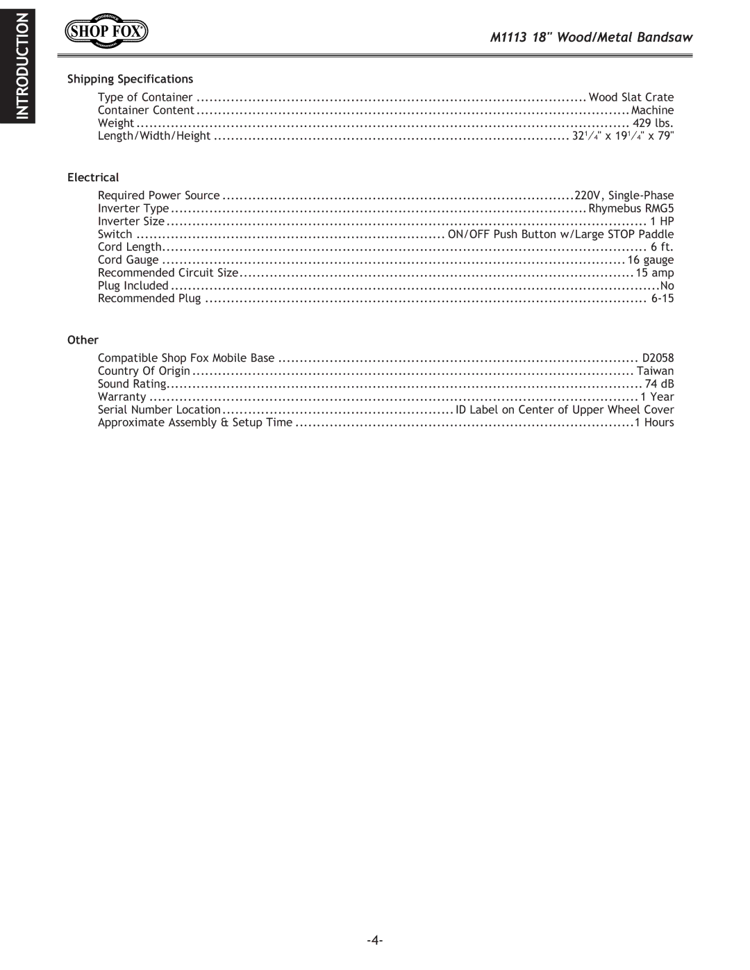 Woodstock M1113 owner manual Introduction 