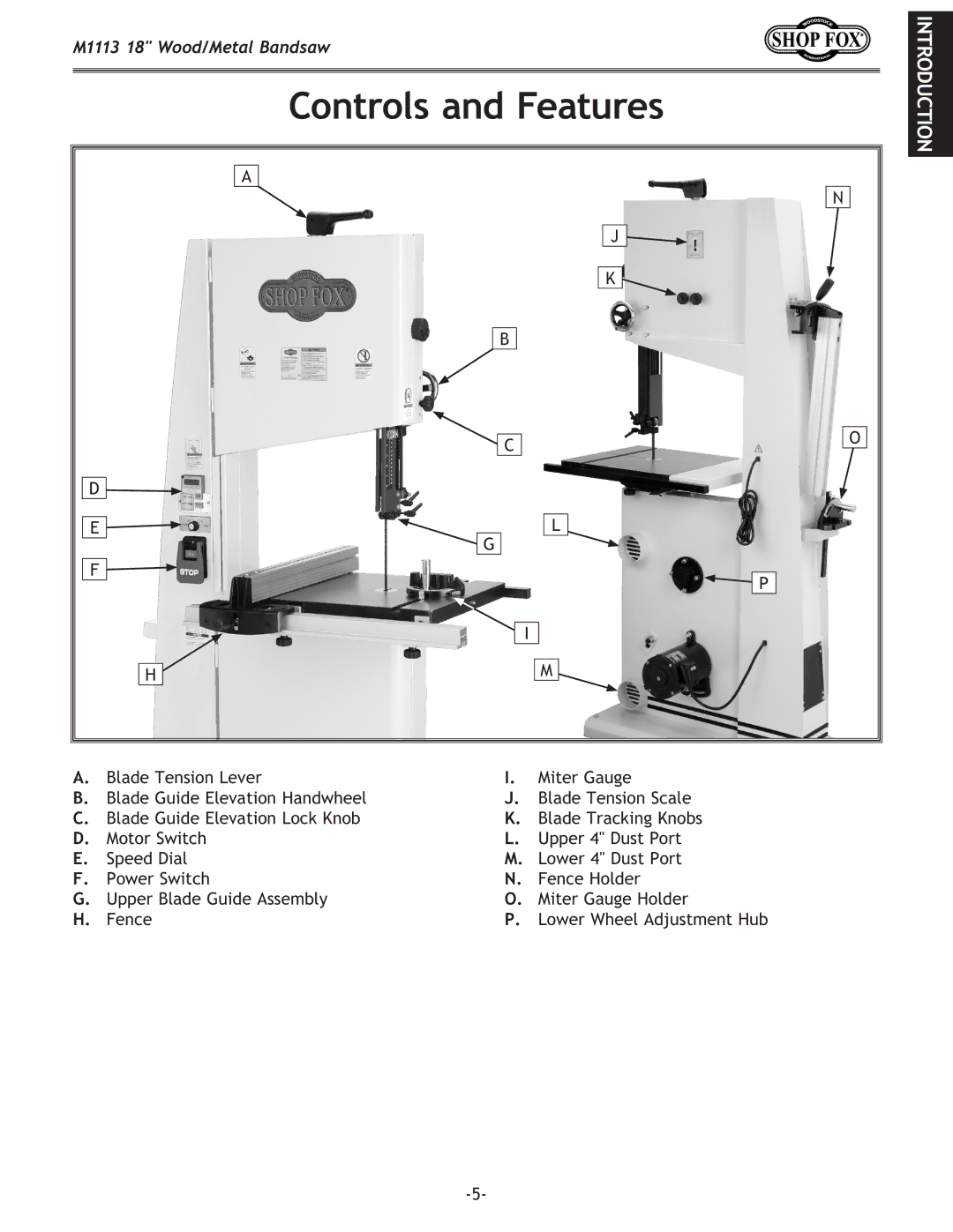 Woodstock M1113 owner manual Controls and Features 