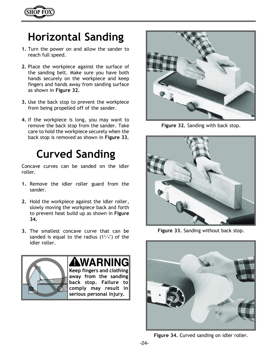 Woodstock Model owner manual Horizontal Sanding, Curved Sanding 